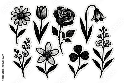 Monochrome Halftone Flowers Set. Cutout botanical elements for scrapbooking and collage. Vintage retro floral sticker pack with rose, tulip, and daisy illustrations.