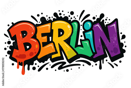 Berlin graffiti lettering in vibrant 90s street art style. Urban hip hop typography design. Colorful aerosol spray paint text effect for t-shirt, poster, and sticker.