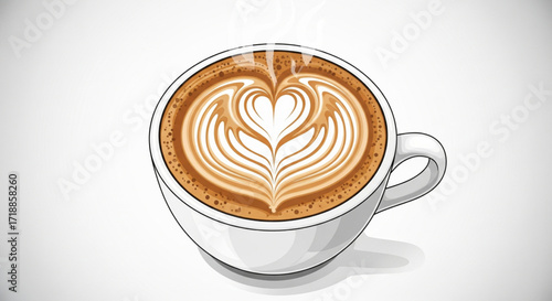 A stylized illustration of a latte art coffee cup, showcasing a heart-shaped latte design.