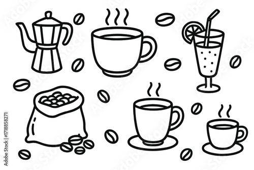 Coffee drink doodle icon set. Hand drawn line art vector collection of coffee elements. Moka pot, cup, mug, beans in sack, iced coffee cocktail. Cafe menu design illustration.