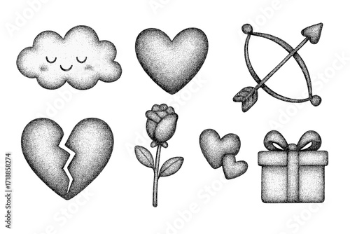 Cute romantic Valentine's Day elements set with retro stipple effect. Childish love icons: broken heart, cupid's bow and arrow, rose, gift. Trendy naive 3D vector pack.
