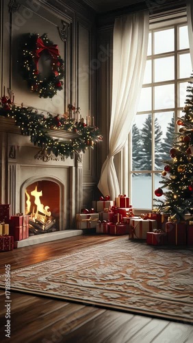 Wallpaper Mural cozy christmas living room with a burning fireplace red gifts and a gold tree Torontodigital.ca