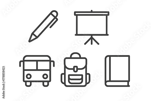 Minimalist linear school education icons set. Thin line vector pictograms of pen, presentation board, bus, backpack, book for apps, web, banners, design resources. Editable stroke isolated.