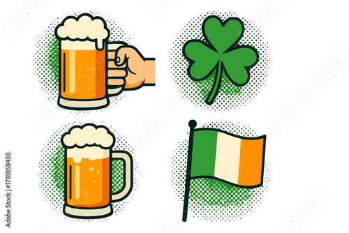 St. Patrick's day vector set. Halftone pop art icons. Irish flag, shamrock clover, hand holding beer mug. Retro comic style for pub celebration, festival invitation design.