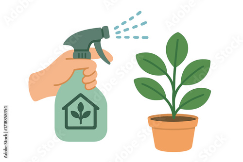 Hand spraying house plant. Care of houseplants and indoor flowers. Hand holds a spray bottle for watering potted plants. Water pulverizer symbol. Home gardening and horticulture.