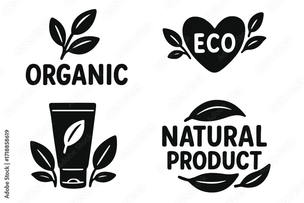 Fototapeta premium Organic, eco, natural product vector logo collection. Set of isolated black icons, labels, and badges for healthy food packaging, bio cosmetics, and vegan goods. Eco-friendly.