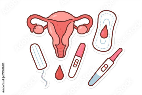 Feminine hygiene and period power vector set. Menstruation concept with female reproductive system, uterus, ovary, tampon, pad, blood drop and positive pregnancy test stickers.