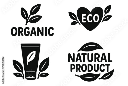 Organic, eco, natural product vector logo collection. Set of isolated black icons, labels, and badges for healthy food packaging, bio cosmetics, and vegan goods. Eco-friendly.