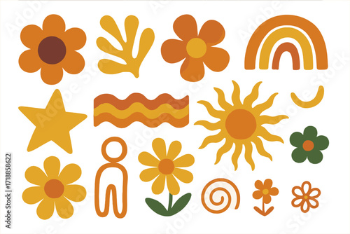Groovy 70s retro floral elements set with Matisse style leaf. Summer shapes and doodles blending modern and organic clipart. Hand drawn vector illustration collection. Hippie boho.