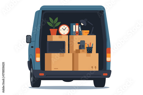 Corporate moving concept. Open trunk of a van with office supplies in cardboard boxes. Business relocation service. Unloading or loading truck with furniture and equipment.