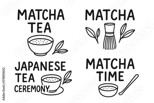 Matcha tea hand drawn lettering set. Japanese tea ceremony vector icons collection. Green tea drink logo concepts for cafe menu, shop, banner or poster. Linear doodle style.