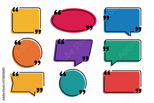 Quote box frame big set. Texting quote boxes. Colored blank template for quote text, info, design. Quotation bubble, blog quotes symbols. Creative vector banner collection.