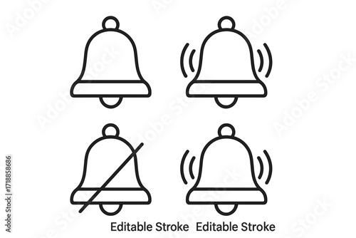 Bell notification icon collection. Outline symbols for alert, reminder, subscribe, and silent mode. Ringing and muted bell signs for user interface design. Vector with editable stroke.
