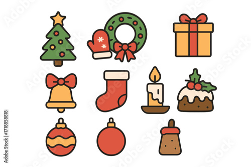 Modern flat style Christmas icon set. Holiday vector collection for decoration. Xmas tree, gift, wreath, bell, stocking, candle, pudding, bauble and mitten illustrations.