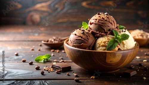 Creamy scoops of chocolate and vanilla ice cream in wooden bowl