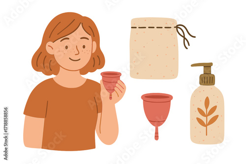Feminine hygiene vector set. Woman with reusable menstrual cup. Monthly period, zero waste, eco friendly concept. Flat illustration with intimate soap and cotton storage bag.