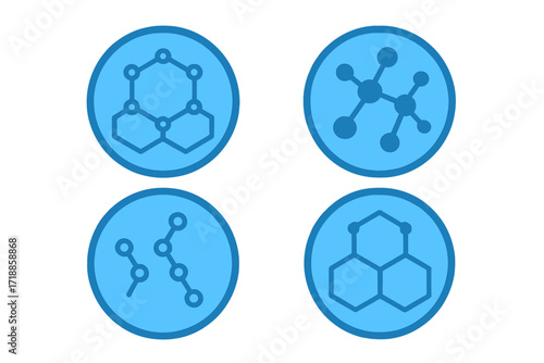 Molecule icon set. Science and chemistry vector symbols. Abstract molecular structure, atom network, dna connection, and hexagonal honeycomb shape for technology or medical use.