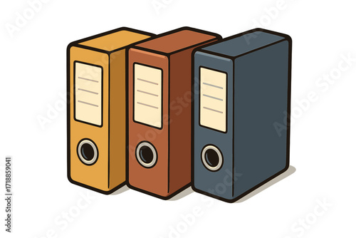 Office ring binders for document organization and data storage. Colorful vector illustration of file folders for archiving paperwork. Business, bureaucracy, and study supplies concept.