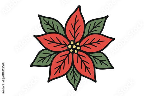 Poinsettia vector illustration. Christmas flower hand drawn doodle icon. Winter holiday plant symbol. Festive seasonal decoration element. Traditional Xmas floral graphic.