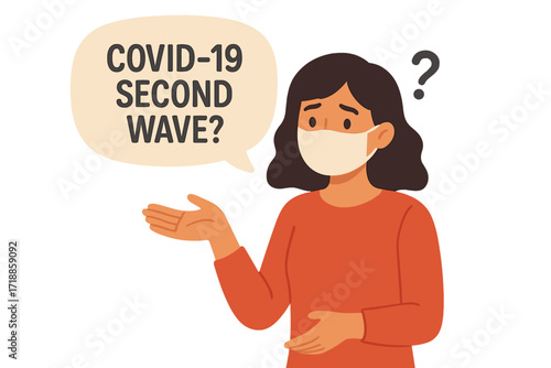 Woman in face mask fears Covid-19 second wave. Character worried about new pandemic variant and coronavirus quarantine. Concept of health crisis, anxiety, and uncertainty.