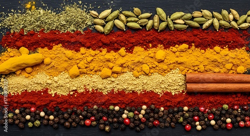 An assortment of vibrant culinary spices and dried herbs arranged in horizontal lines on a dark surface