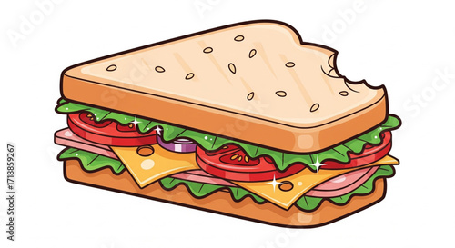Cartoon illustration of a delicious sandwich with ham, cheese, lettuce, tomato, and onion.