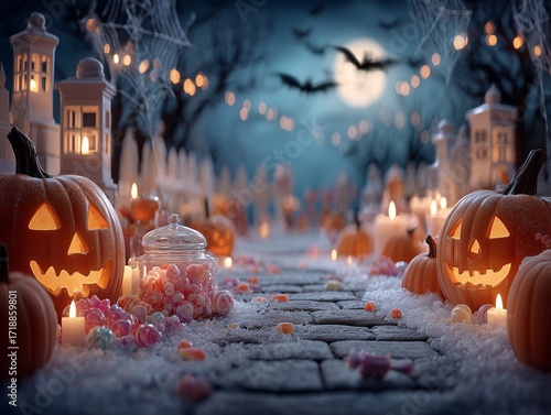A halloween scene with pumpkins candy and candles on the ground