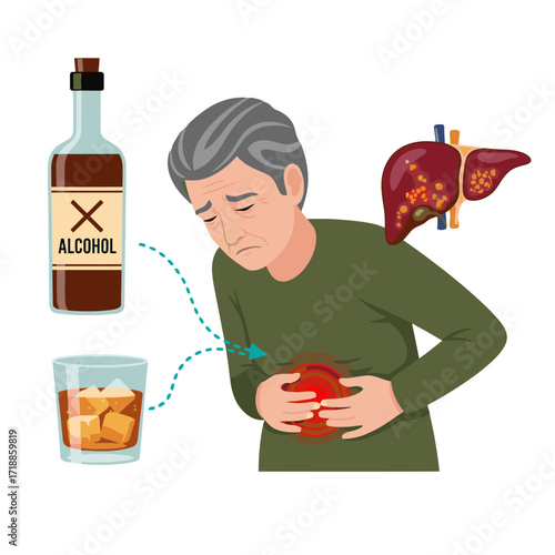 Senior man experiences painful liver damage from alcohol abuse, illustrating cirrhosis and health risks from addiction in an educational medical visualization