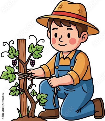 young farmer cultivating grapevines a cartoon illustration, isolated on transparent background