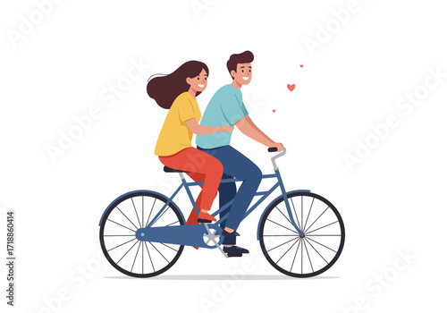 Couple on a blue bicycle with red heart shapes above isolated on white