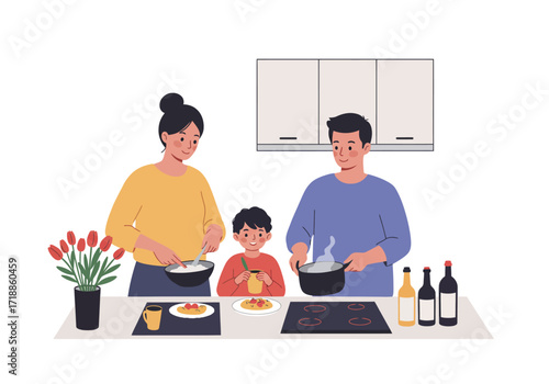 Family cooking Woman mixes in bowl man holds pot boy sits with mug