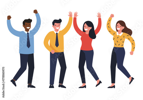 Four business people rejoice with raised arms and smiles two men wearing ties and two women in high heels