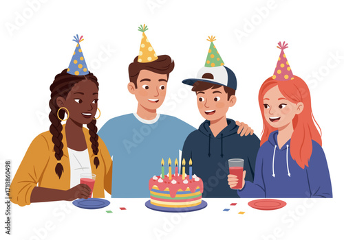Four friends in party hats celebrate with cake and drinks at a table with colorful confetti