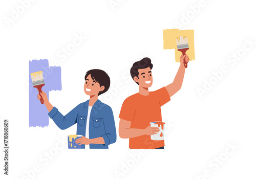 Two people paint a wall one with yellow and the other with purple