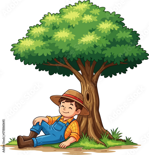 young farmers peaceful afternoon slumber underneath a shady tree, isolated on transparent background