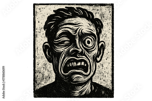 Distorted face in agony. Mental health concept for anxiety, stress, or pain. Retro brutalist vector illustration with vintage photocopy texture. Woodcut or linocut style print.