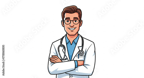 Smiling doctor in white coat with stethoscope, arms crossed, wearing glasses, isolated on white background.