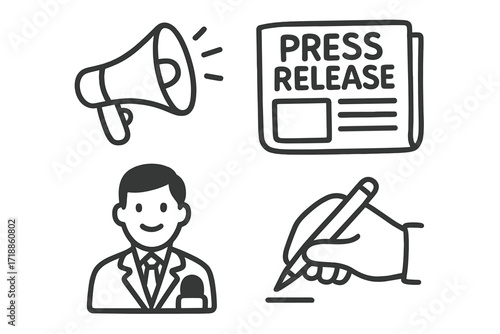 Press release icon set. Public relations and media communication concept. Spokesperson, megaphone announcement, newspaper article and writing signature vector illustration pack.