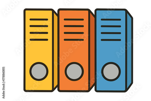 Colorful office binders in a row. Vector icon set of ring folders for organizing paperwork and documents. Business data storage, archive management, and file classification concept.