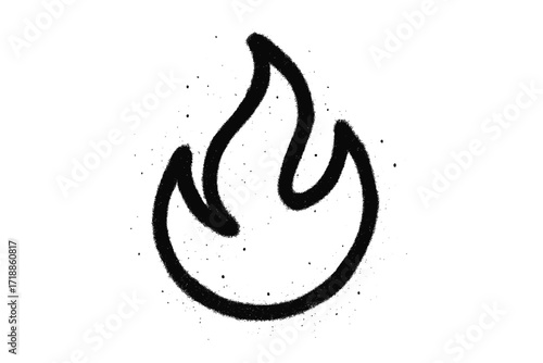 Urban graffiti flame shape, sprayed in black over white. Textured hand-drawn vector illustration. Fire symbol icon. Street art style with aerosol texture. Simple design element.