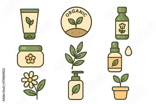 Organic cosmetics vector icon set for social media highlights. Natural skincare, eco beauty products. Cute logo templates, badges with plant, flower, leaf, sprout symbols.