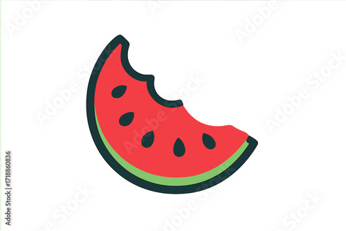 Watermelon slice icon with bite mark. Juicy summer fruit symbol in flat design. Fresh, sweet, healthy food concept. Simple cartoon vector illustration, logo element isolated.