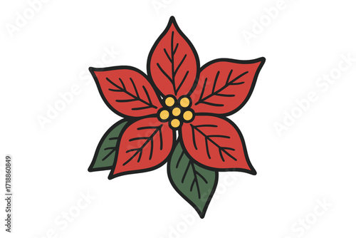 Poinsettia vector illustration. Christmas holiday flower icon. Festive winter plant symbol. Red floral graphic element for seasonal decoration. Isolated botanical flat design.