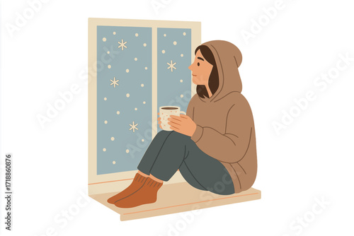 Woman relaxing by window with hot drink on a snowy winter day. Girl in hoodie enjoying coffee. Cozy home concept, rest and comfort. Hygge lifestyle flat vector illustration.