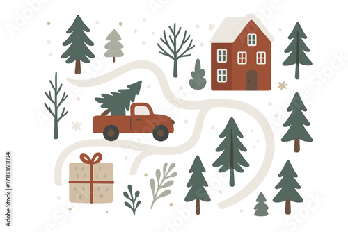 Christmas greeting card with a red truck carrying a tree. Winter landscape map with house, gift box, and forest. Festive holiday vector illustration in Scandinavian style.