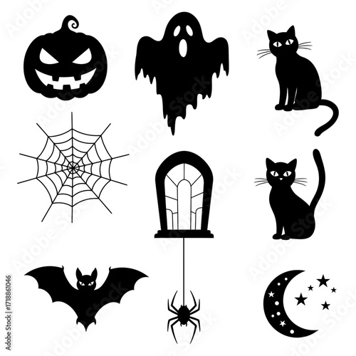 Set of traditional black Halloween symbol silhouettes, a spooky graphic design collection with vector icons
