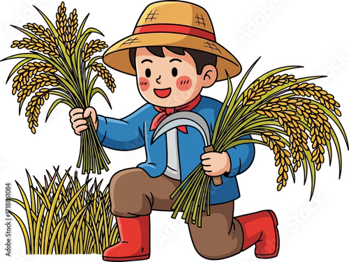 young rice farmers golden harvest a cartoon of rural life and abundant joy, isolated on transparent background