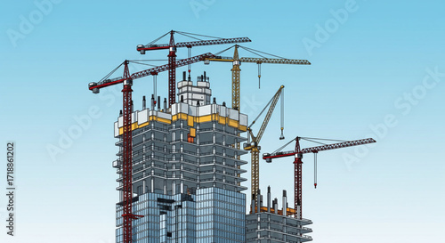 Construction site featuring tall buildings under construction with multiple cranes operating in the sky.