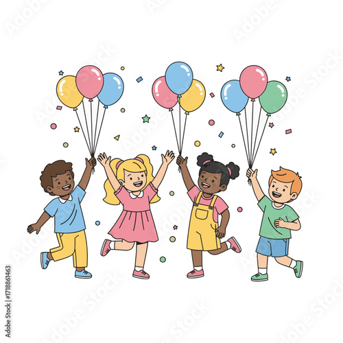 Vector Flat Illustration of Happy Diverse Children with Balloons