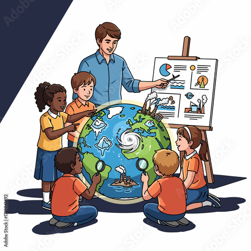Teacher and diverse students learning about environmental science and global issues around a large globe with magnifying glasses and a whiteboard.